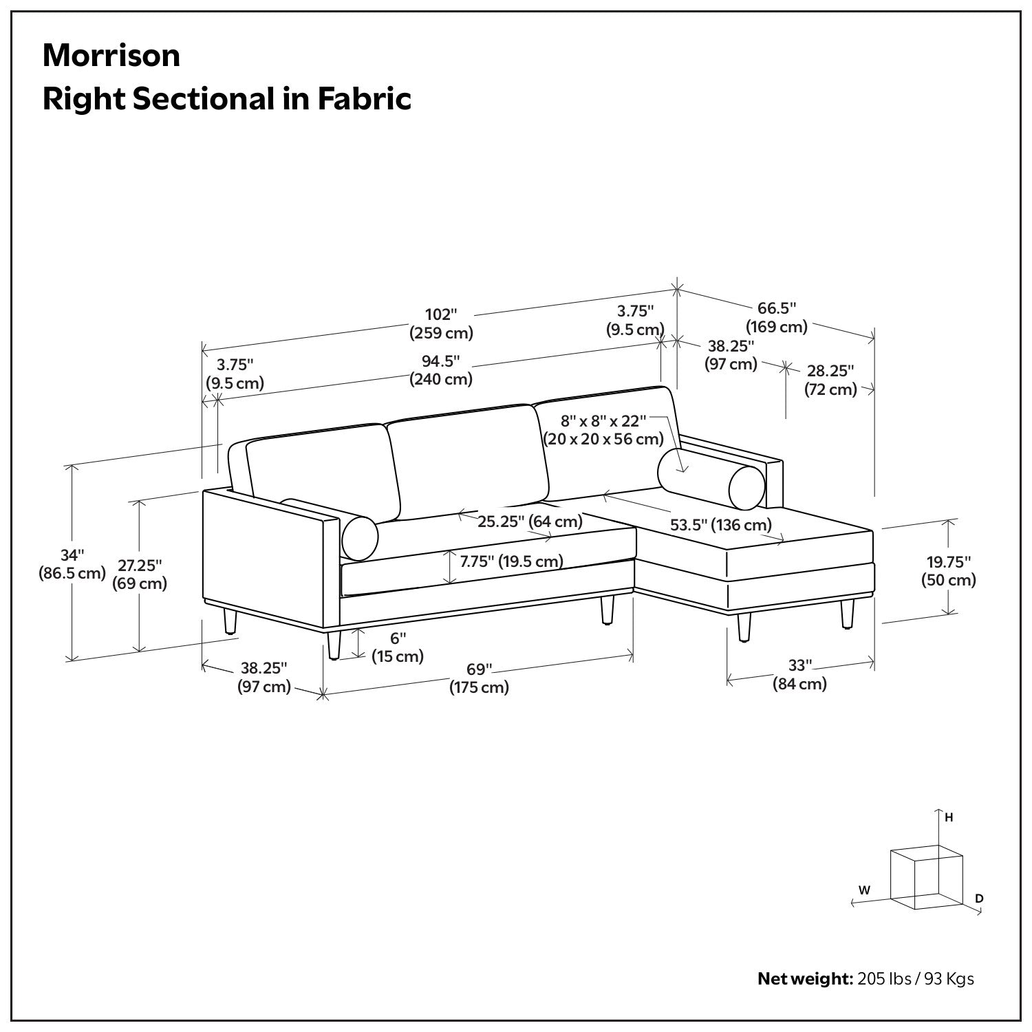 102" Gray Fabric Sofa With Brown Legs