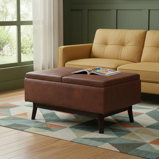 34" Brown Leather Cocktail Ottoman With Storage