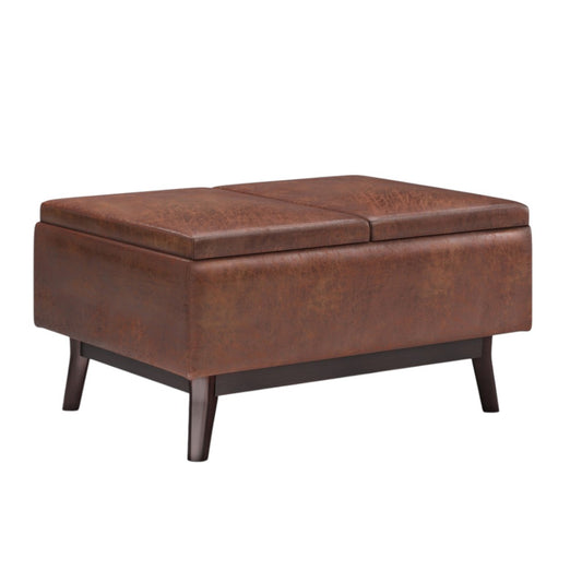 34" Brown Leather Cocktail Ottoman With Storage