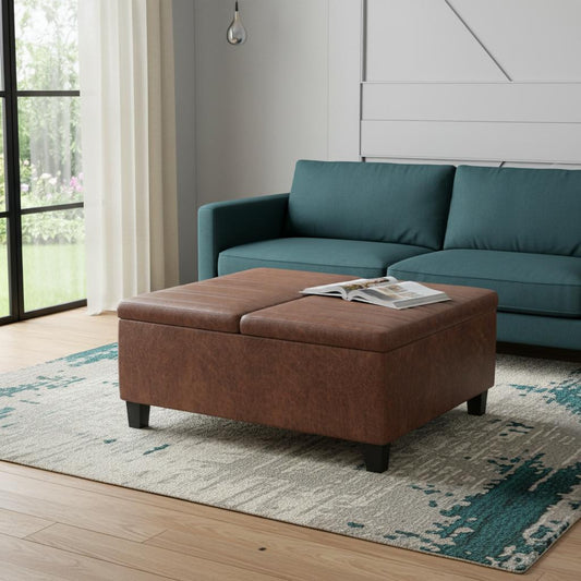 36" Brown and Espresso Leather Cocktail Ottoman With Storage