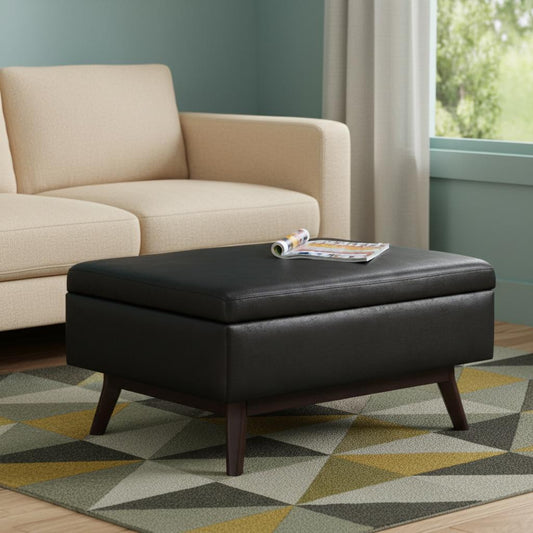 34" Black and Brown Leather Cocktail Ottoman With Storage