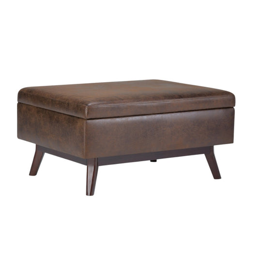34" Brown Leather Cocktail Ottoman With Storage