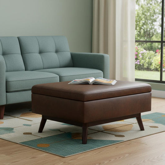 34" Brown Leather Cocktail Ottoman With Storage
