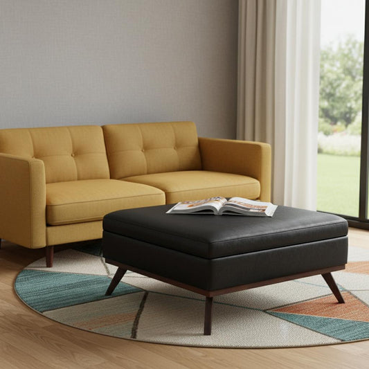 40" Black and Brown Leather Cocktail Ottoman With Storage