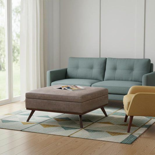 40" Gray and Brown Leather Cocktail Ottoman With Storage