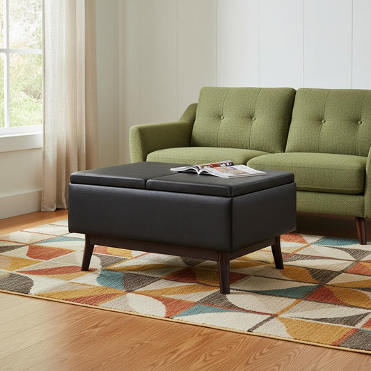 34" Black and Dark Brown Leather Cocktail Ottoman With Storage