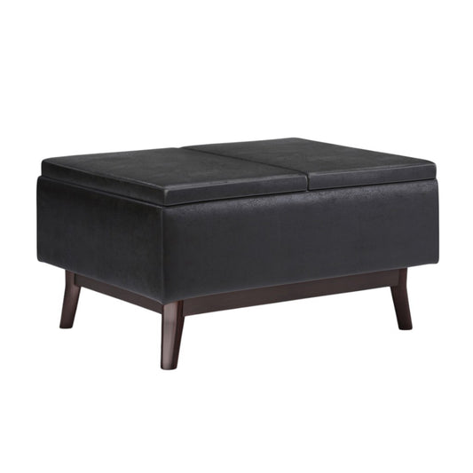 34" Black and Dark Brown Leather Cocktail Ottoman With Storage
