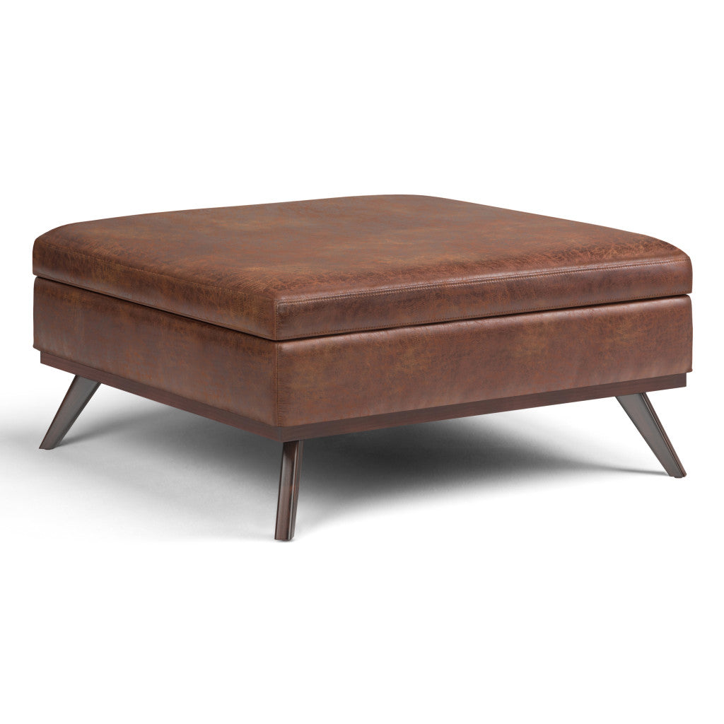 40" Brown Leather Cocktail Ottoman With Storage