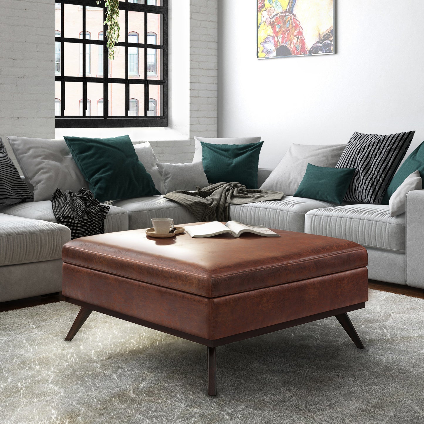 40" Brown Leather Cocktail Ottoman With Storage