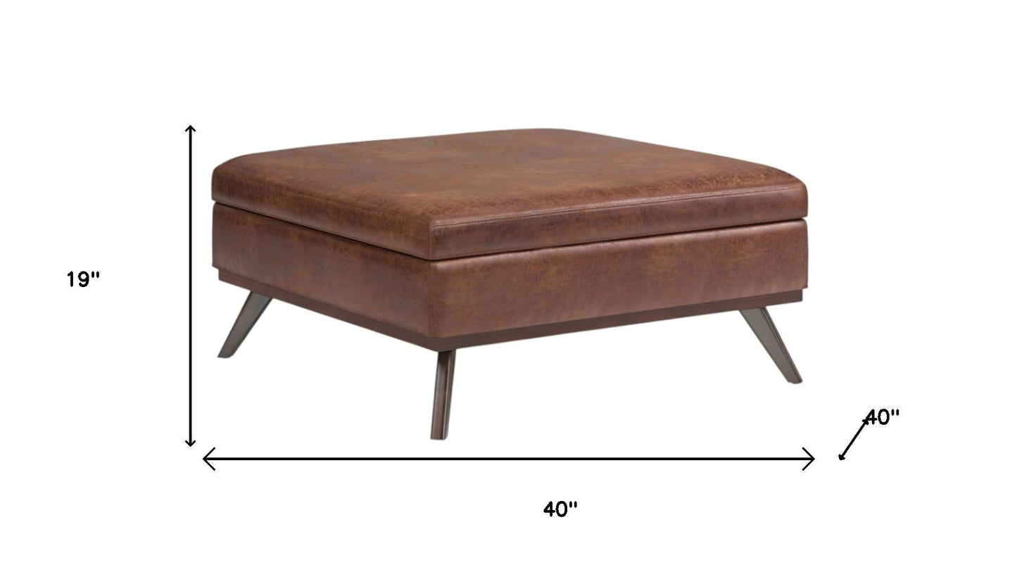 40" Brown Leather Cocktail Ottoman With Storage