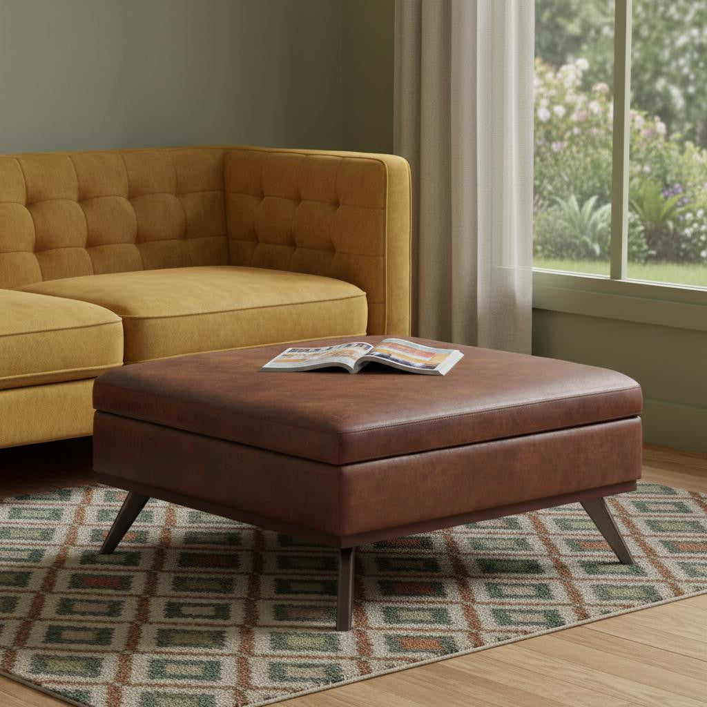 40" Brown Leather Cocktail Ottoman With Storage