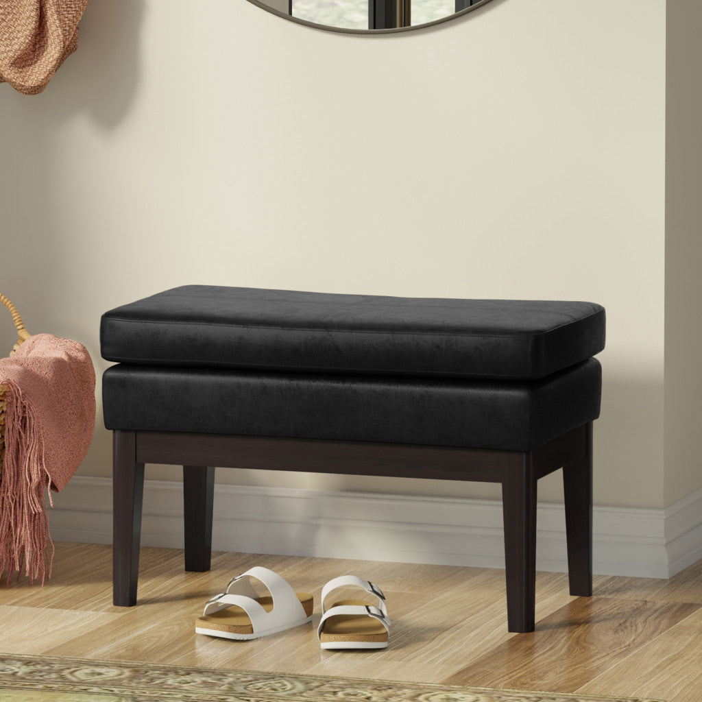26" Black and Walnut Leather Ottoman