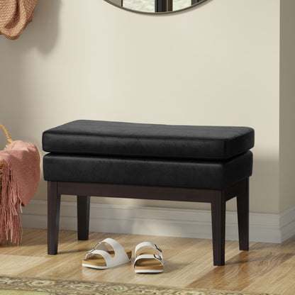 26" Black and Walnut Leather Ottoman