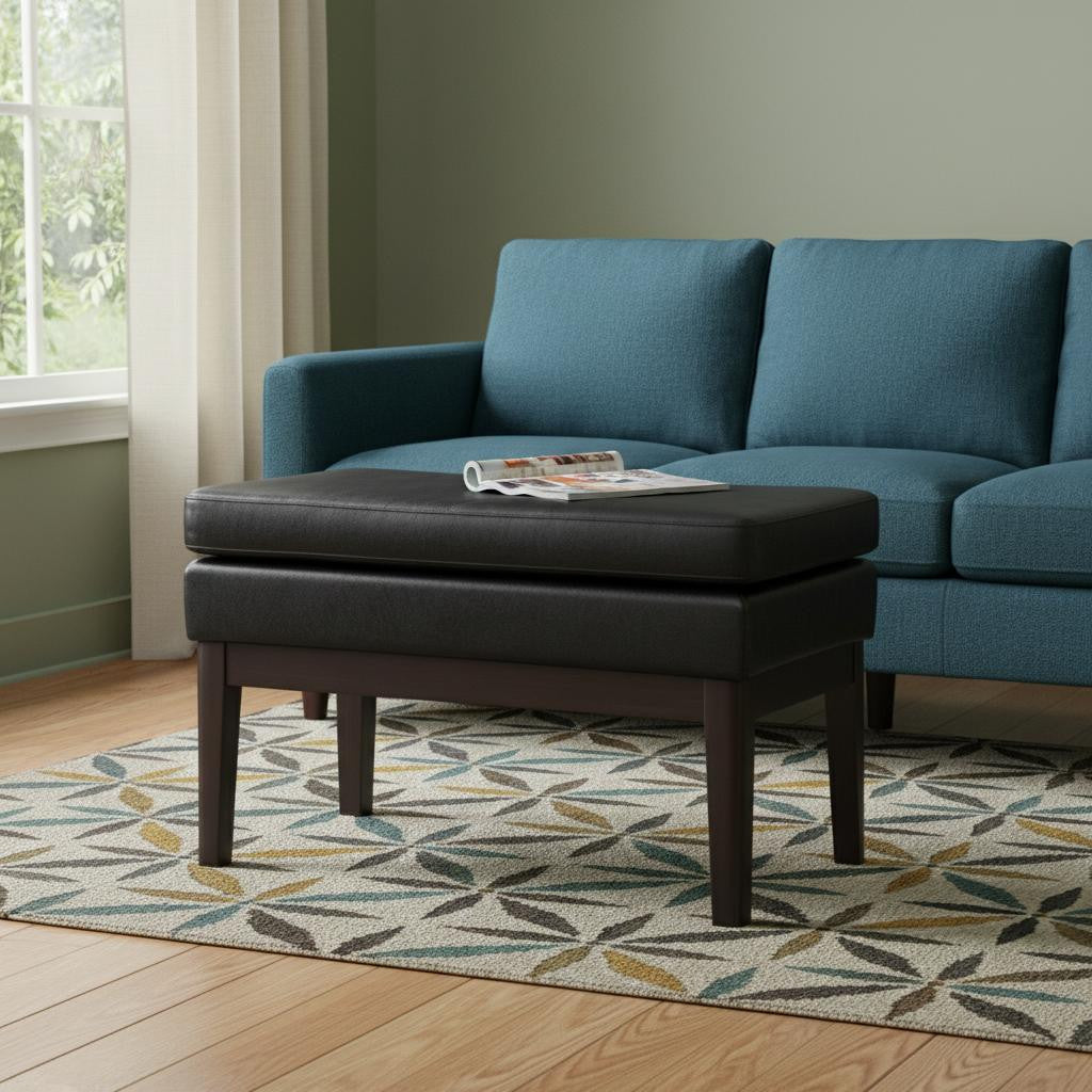 26" Black and Walnut Leather Ottoman