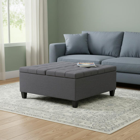36" Gray and Espresso Fabric Cocktail Ottoman With Storage
