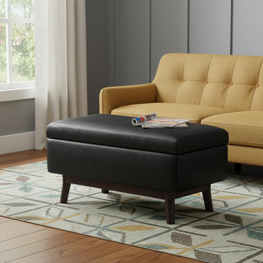 36" Black and Brown Leather Cocktail Ottoman With Storage