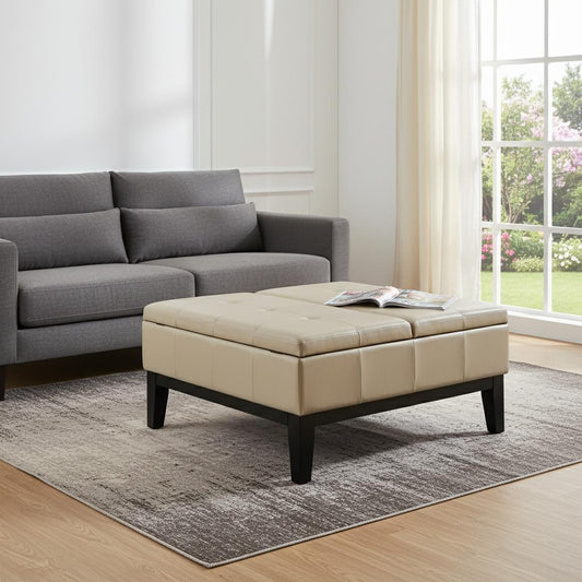 36" Cream and Dark Brown Leather Cocktail Ottoman With Storage