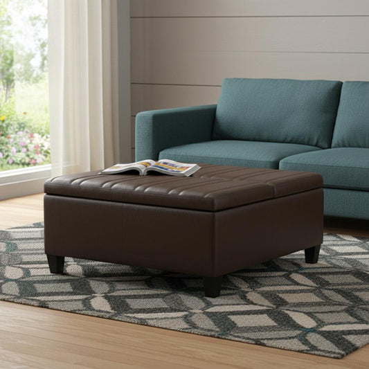 36" Brown and Espresso Leather Cocktail Ottoman With Storage