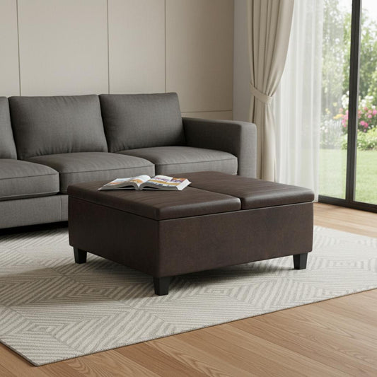 36" Brown and Espresso Leather Cocktail Ottoman With Storage