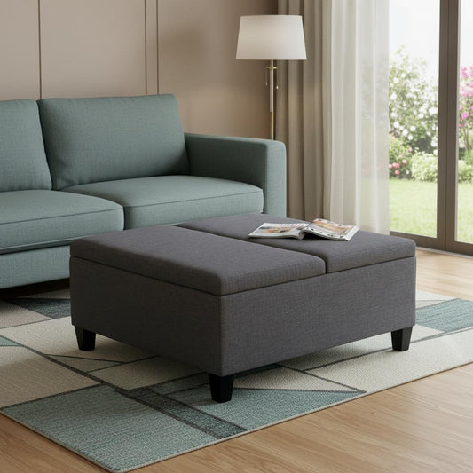 36" Gray and Espresso Fabric Cocktail Ottoman With Storage