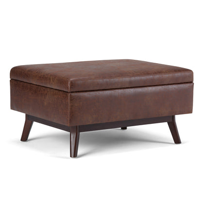 34" Brown Leather Cocktail Ottoman With Storage