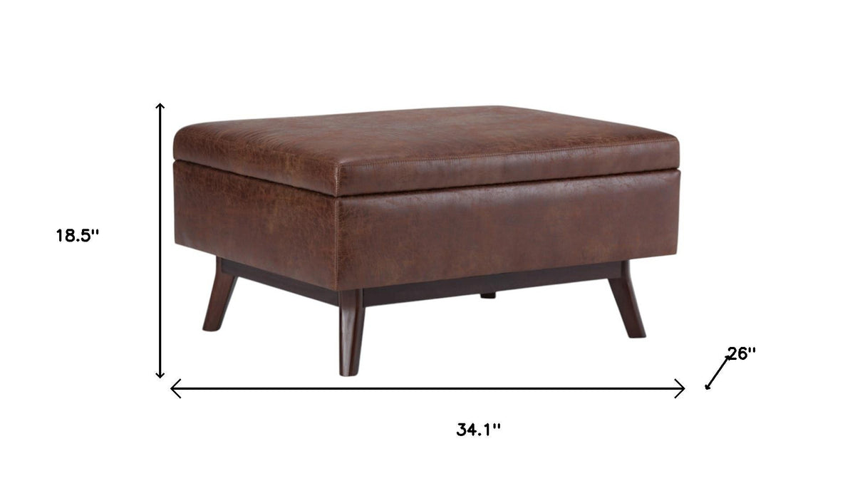 34" Brown Leather Cocktail Ottoman With Storage