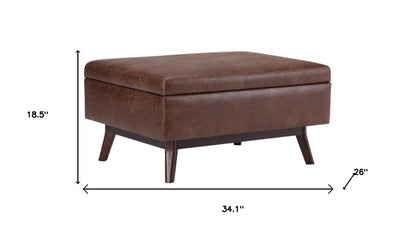 34" Brown Leather Cocktail Ottoman With Storage