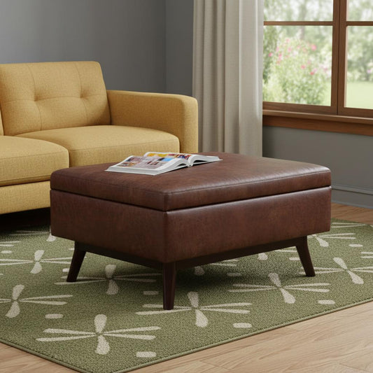 34" Brown Leather Cocktail Ottoman With Storage