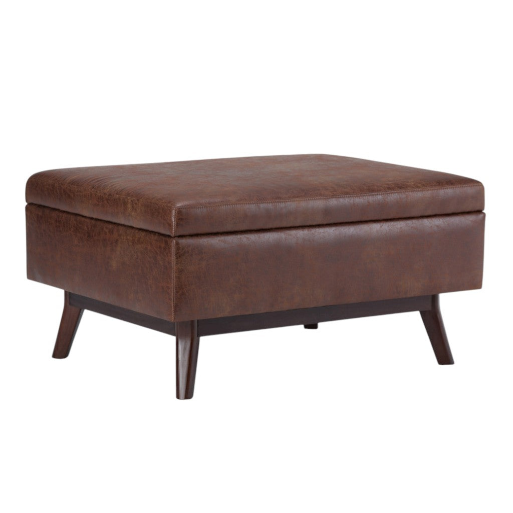 34" Brown Leather Cocktail Ottoman With Storage