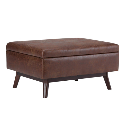 34" Brown Leather Cocktail Ottoman With Storage