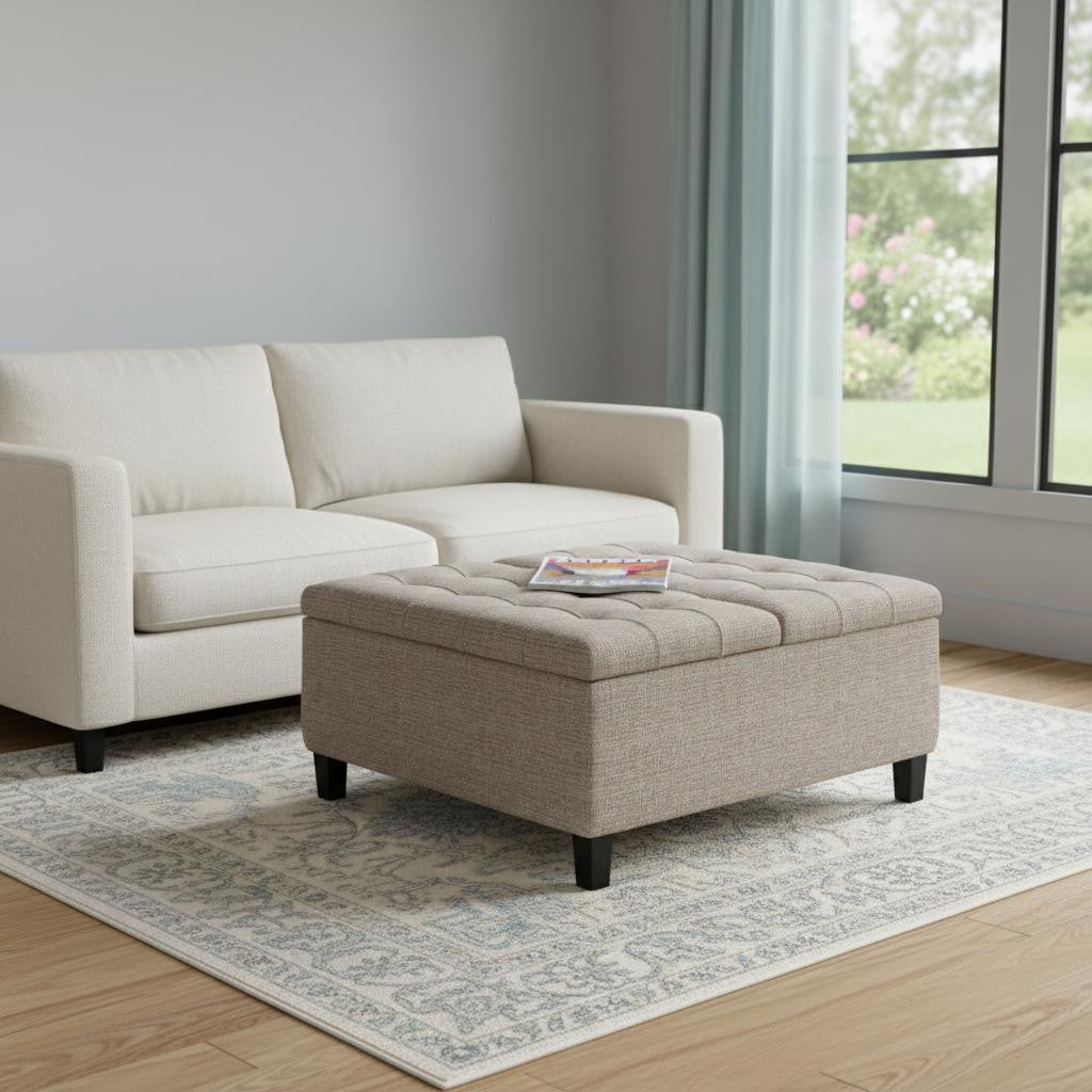 36" Platinum and Dark Brown Fabric Cocktail Ottoman With Storage