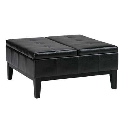 36" Black and Dark Brown Leather Cocktail Ottoman With Storage