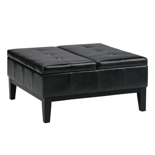 36" Black and Dark Brown Leather Cocktail Ottoman With Storage