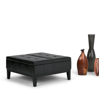 36" Black and Dark Brown Leather Cocktail Ottoman With Storage