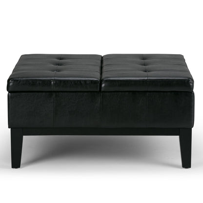 36" Black and Dark Brown Leather Cocktail Ottoman With Storage