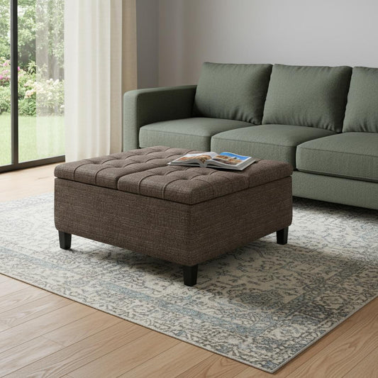 36" Brown and Dark Brown Fabric Cocktail Ottoman With Storage
