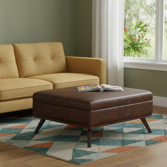 40" Brown Leather Cocktail Ottoman With Storage