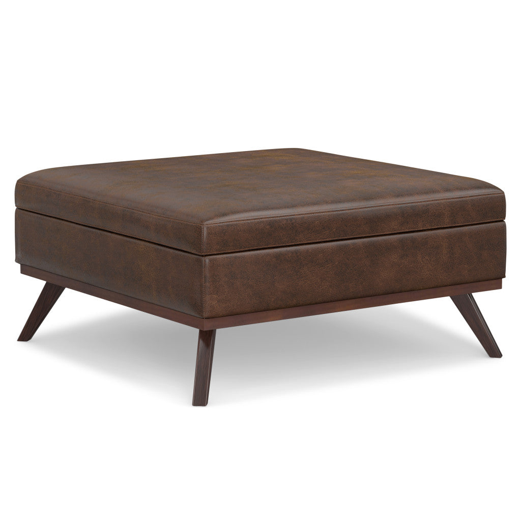40" Brown Leather Cocktail Ottoman With Storage