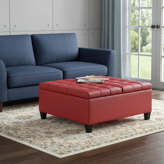 36" Red and Espresso Leather Cocktail Ottoman With Storage