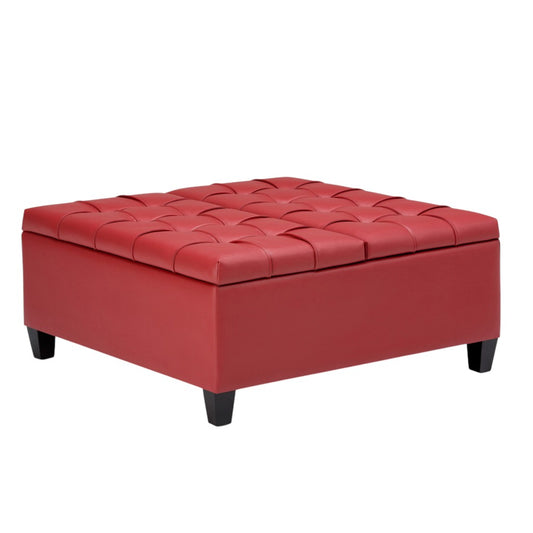 36" Red and Espresso Leather Cocktail Ottoman With Storage