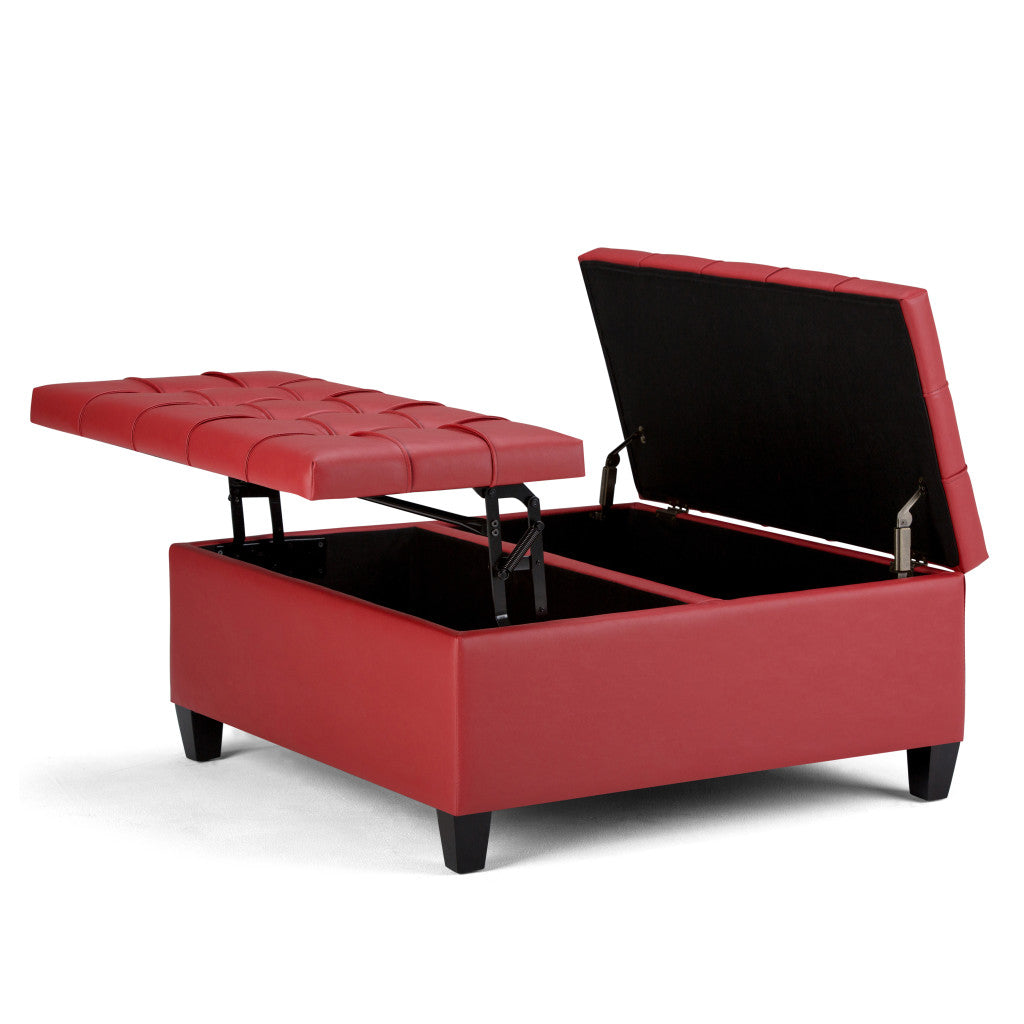 36" Red and Espresso Leather Cocktail Ottoman With Storage