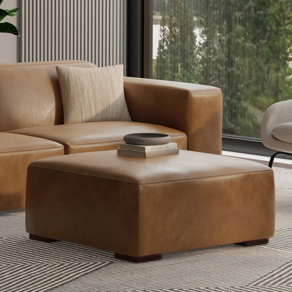 34" Brown Leather Ottoman