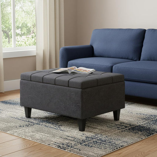 34" Gray and Dark Brown Linen Cocktail Ottoman With Storage