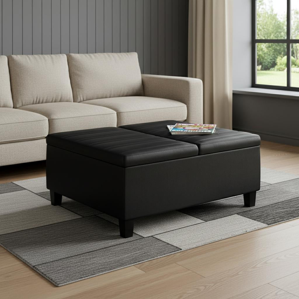 36" Black and Espresso Leather Cocktail Ottoman With Storage