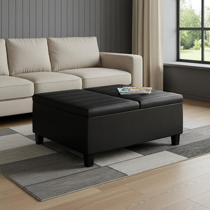 36" Black and Espresso Leather Cocktail Ottoman With Storage