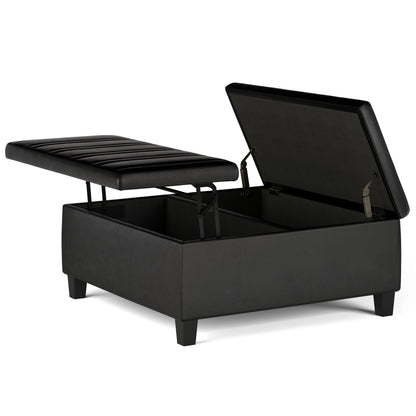 36" Black and Espresso Leather Cocktail Ottoman With Storage
