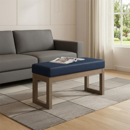 27" Blue and Brown Leather Footstool