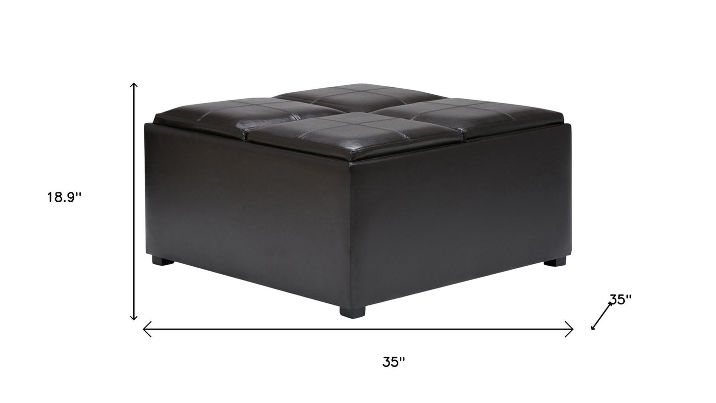 35" Brown and Dark Brown Leather Cocktail Ottoman With Storage