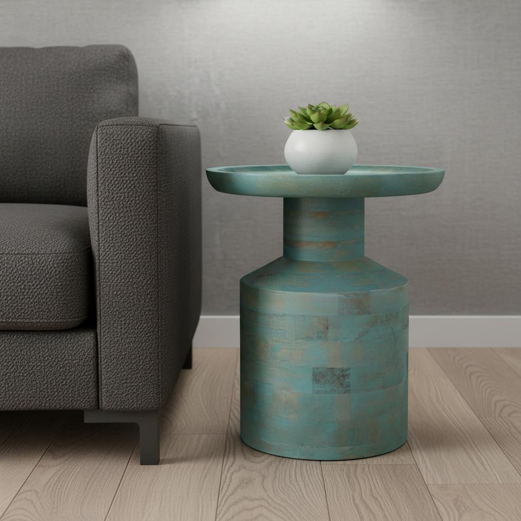 18" Teal Blue Solid Wood Round End Table