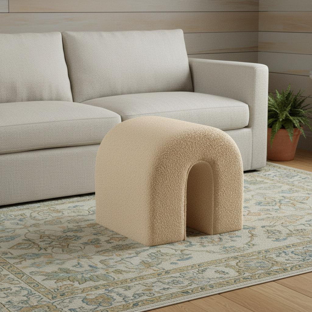 17" Beige Boucle Oval Footstool Ottoman